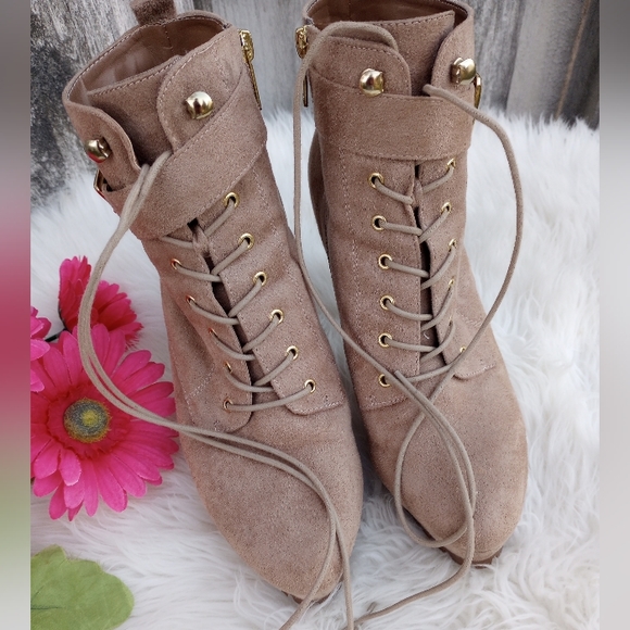 Guess Faux Suede Nude Luggy Buckle Platform Booties - Picture 6 of 15